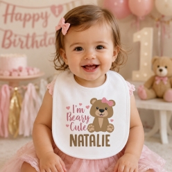 Pink Teddy Bear Personalized Fabric Reusable Bib